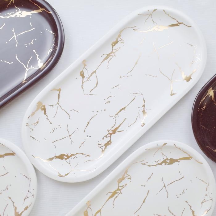 Tray Keramik Marble White Black Oval