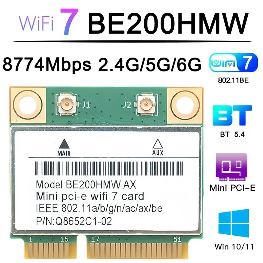 WiFi 7 Mini PCI-E WiFi Card BE200 BE200HMW 8774Mbps 2.4G/5G/6Ghz For Bluetooth 5.4 802.11BE Wireless