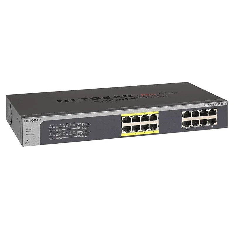 Netgear JGS516PE ProSafe Plus Ethernet Switch - 16 Ports - 8 x POE - 8 x RJ-45 - 10/100/1000Base-T -