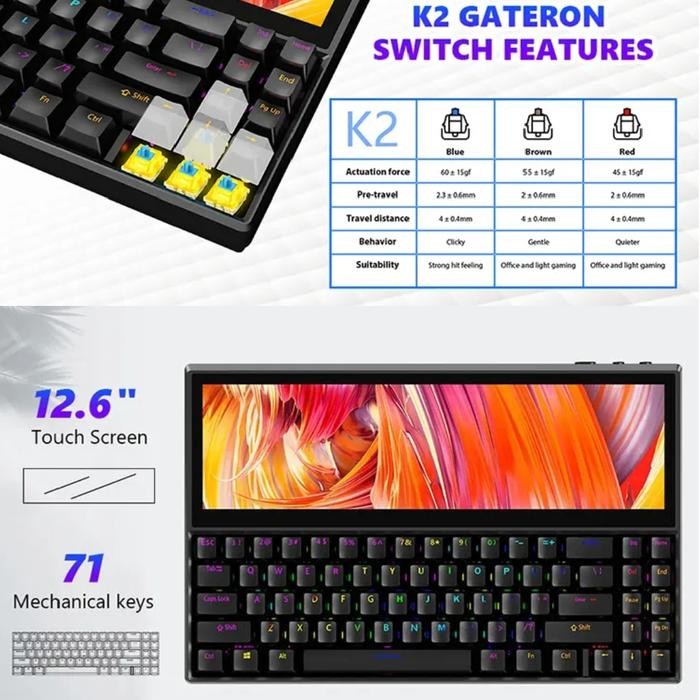 Harga Promo K2 12.6" Touchscreen Gaming Mechanical Keyboard 71 Keys Usb Compact Po