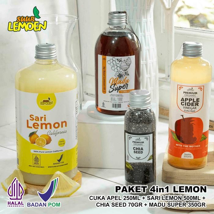 

Suur Lemoen Paket 4 In 1 Cuka Apel 250Ml Sari Lemon 500Ml Madu Hutan Chia Seeds