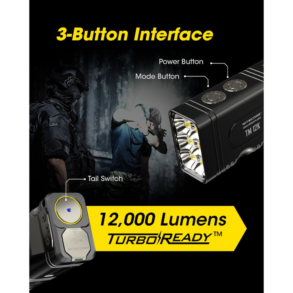 NITECORE Senter LED Flashlight OLED Display Rechargeable 12000 Lumens - TM12K