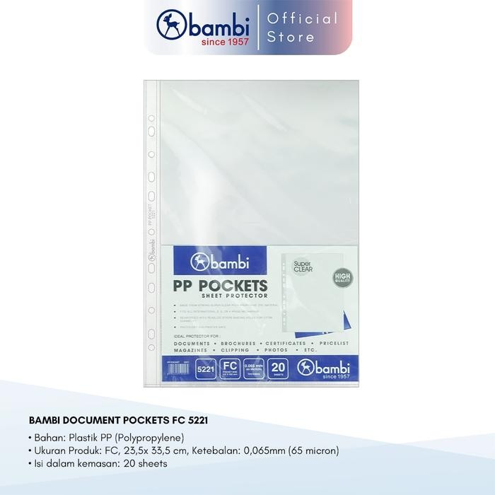 

Bambi Document Pocket F4 Isi 20 Lembar Ketebalan 0.06 mic Tipe Transparant Sleeve Original