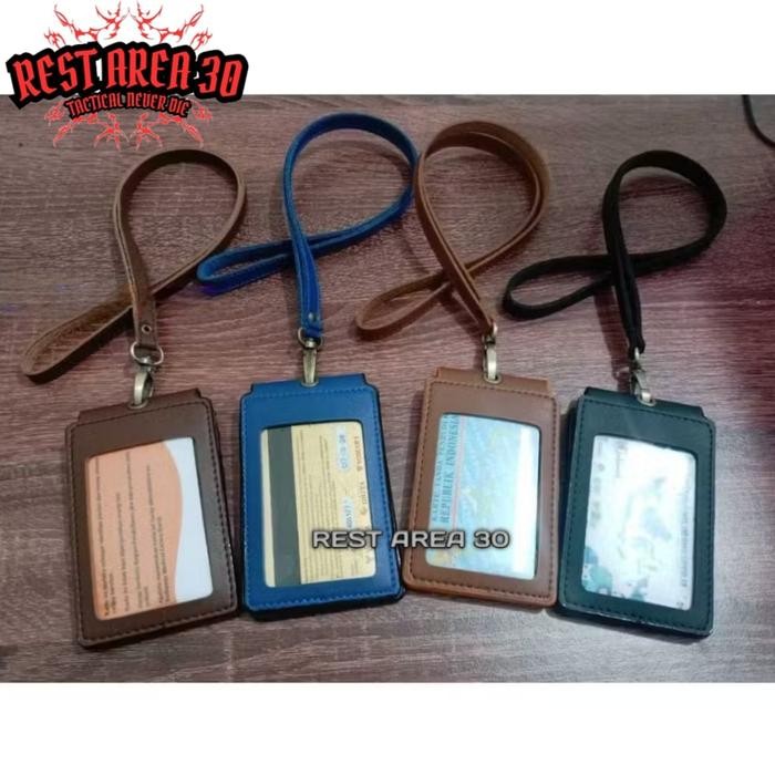 

ID Card Holder Tali Lanyard Name Tag Double Flip Magnet Polos PU Leather Best Quality Premium