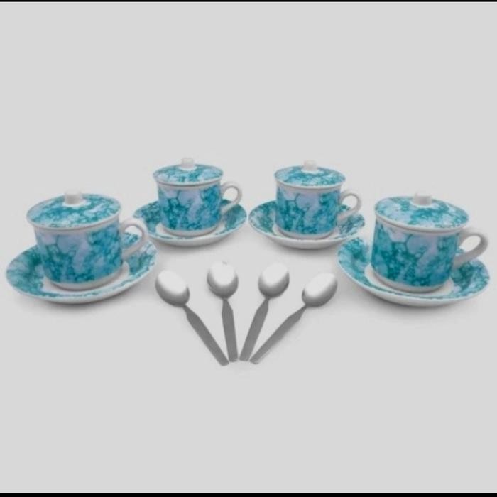 Cangkir Motif Lurik Isi 4 Set / Cangkir Kopi + Tutup + Saucer