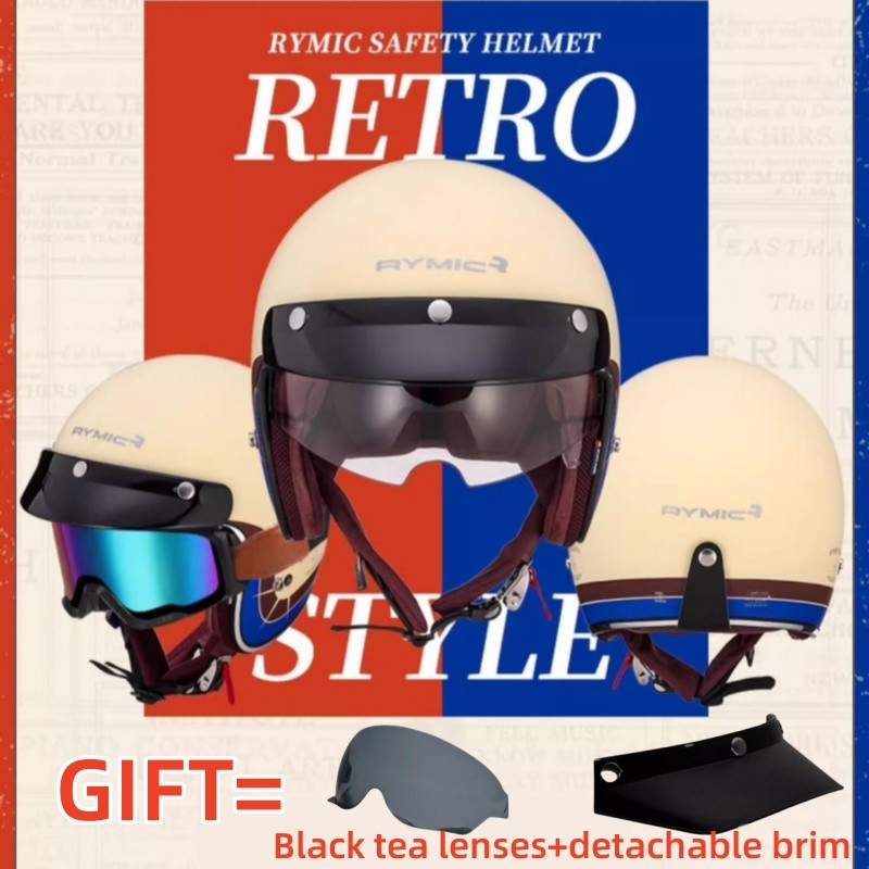RYMIC Motorcycle Helmet Retro Motorcycle Half Helmet Summer Leather Helmet Detachable Lining Anti Gl