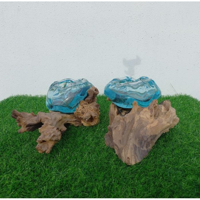 Asbak Kaca Tiup Alas Kayu Dekorasi Kerajinan Bali Home Decor Unik