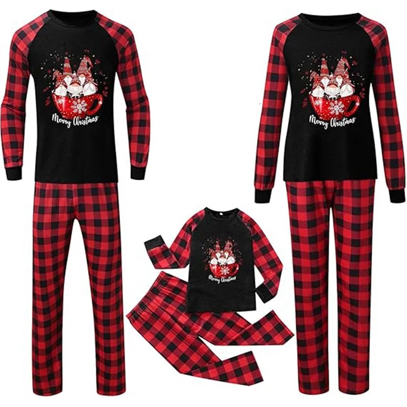 Santa in The Cup Plaid Christmas Pajamas Autumn Homewear Long-sleeved Suit Top Pants Casual Sleepwea