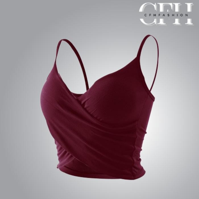 87Q5 Cfh Tanktop Bra With Cup Silang Bahan Katun Pakaian Dalam Wanita Atasan Crop Panjang