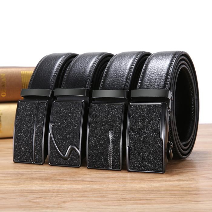 DM Tali Pinggang Kulit Pria Rel Ikat Pinggang Gesper Rel Besi Hitam