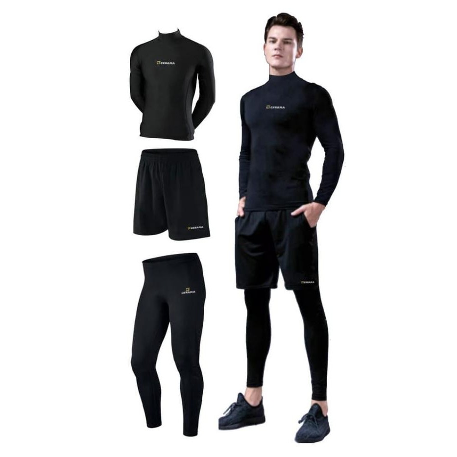 Set Stelan Baselayer 3IN1 Stelan Olahraga Pria Manset Olahraga Celana Pendek Dan Legging Panjang