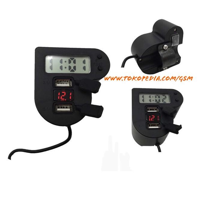 TERLARIS Voltmeter charger HP USB jam digital 4 in 1 breket holder motor mobil