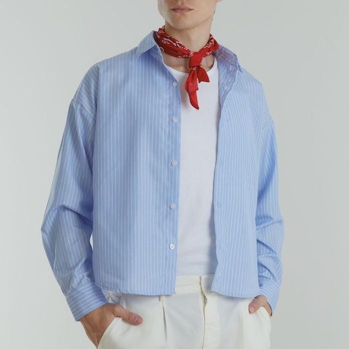 GRAYE HOMME Kemeja Crop Boxy Oversize Panjang Pria Bahan Katun Warna Biru Stripe Style Korea