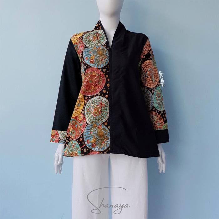 Shanaya Batik Blus Inara Baju Batik Wanita Kipas Batik Cantik kombinasi katun toyobo hitam blouse