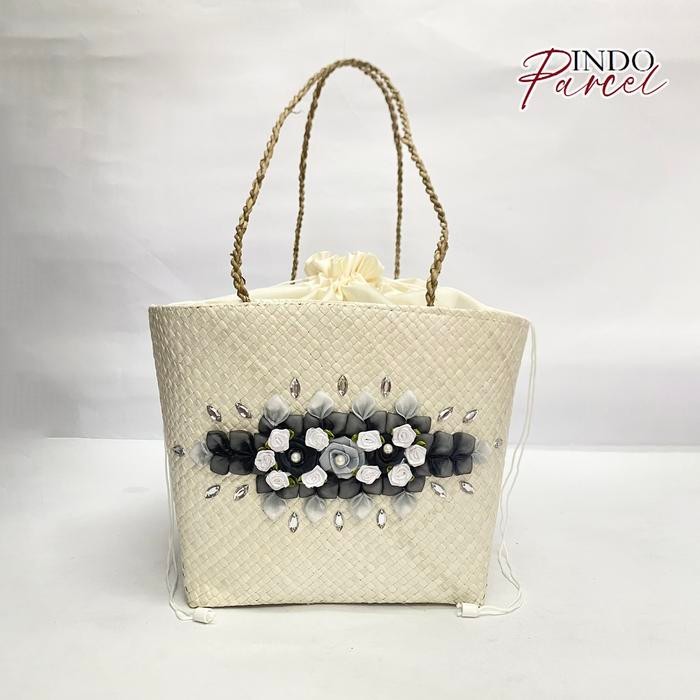 PREMIUM INDOPARCEL - Tas Keranjang Anyaman Pobo Kombinasi Bunga Sulam Pita parcel keranjang Bungkus