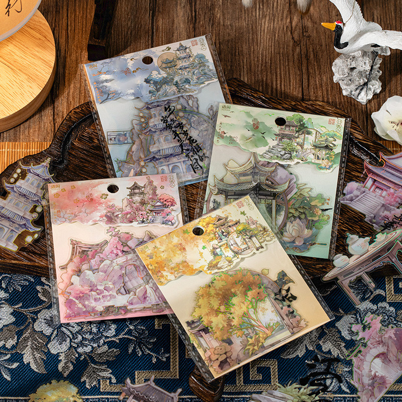 

4Style 15Pcs/bag painting bridge national style hot stamping PET sticker pack DIY handbook