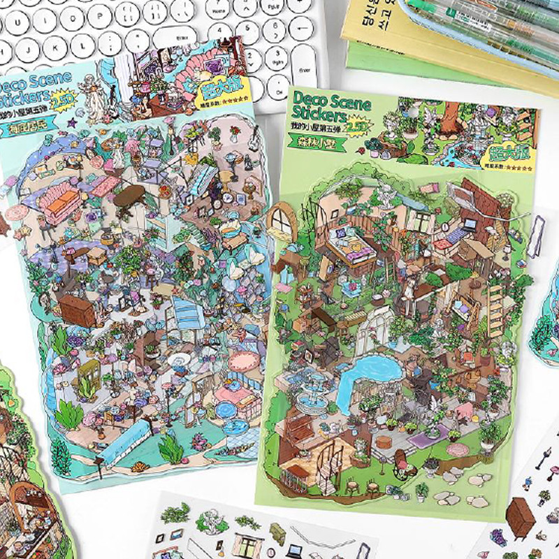 

8pcs/bag My Cabin Series 2.5D oversized puzzle stickers scene stickers DIY do-it-yourself