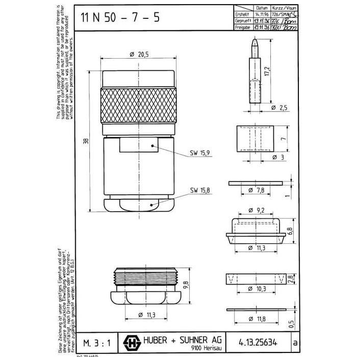 HUBER SUHNER N MALE RG8 RG214 RG213 LMR400 Clamp Type ORIGINAL