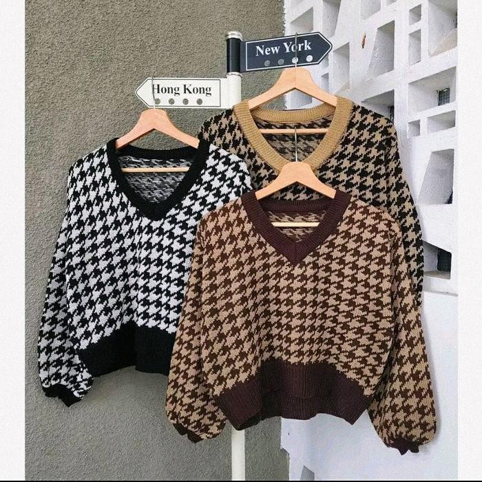 Harry Crop Houndstooth Sweater Knitwear Wanita *