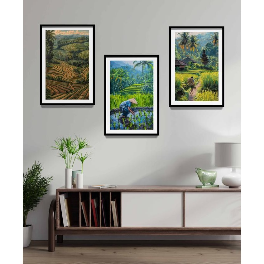 (Allthebest) Lukisan Pemandangan Alam Sawah Bali, Bali Nature and Culture Art Print, Lukisan Petani