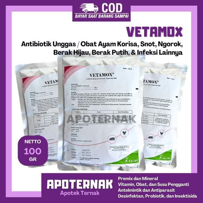Vetamox 100 Gram - Antibiotik Spektrum Luas Pada Unggas Dan Babi - Obat Ayam Korisa Snot Ngorok Ne