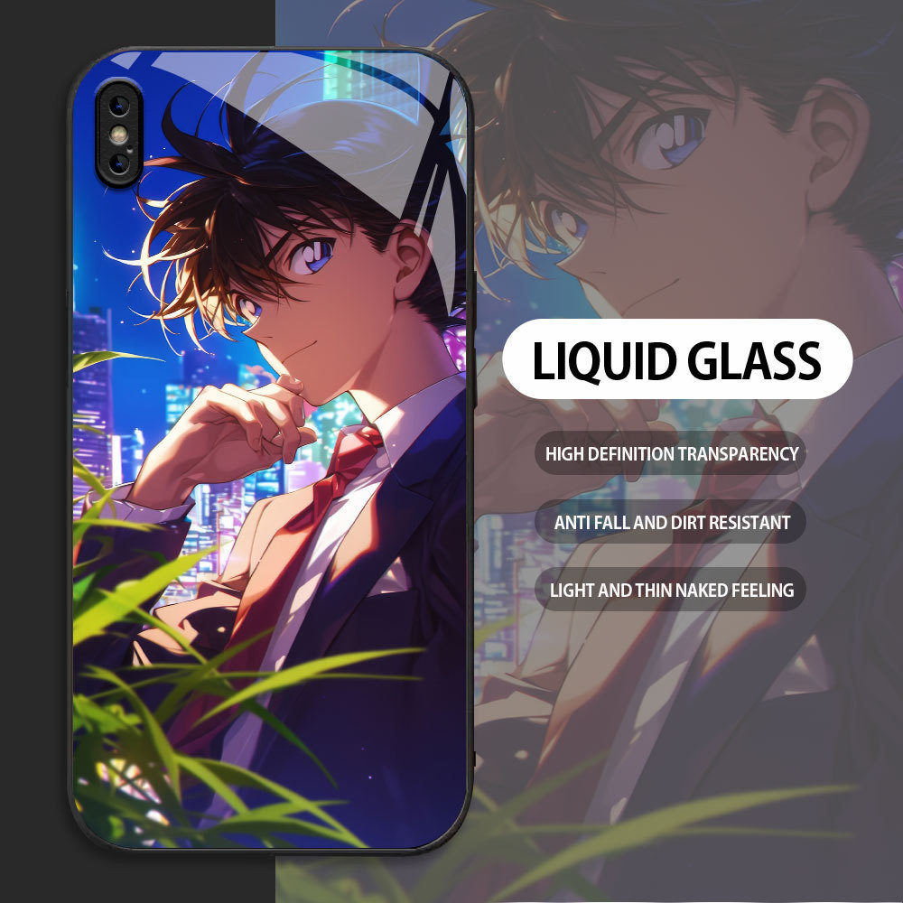 For Apple iPhone X XR XS MAX Casing Handphone  Tampan Shinichi Kudo Glass kesing Phone Case edge Sil