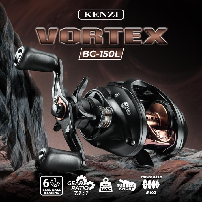 Reel Bait Casting BC Kenzi Vortex BC 150L Graphite Body Aluminum Handle Bonus Pelumas Reel