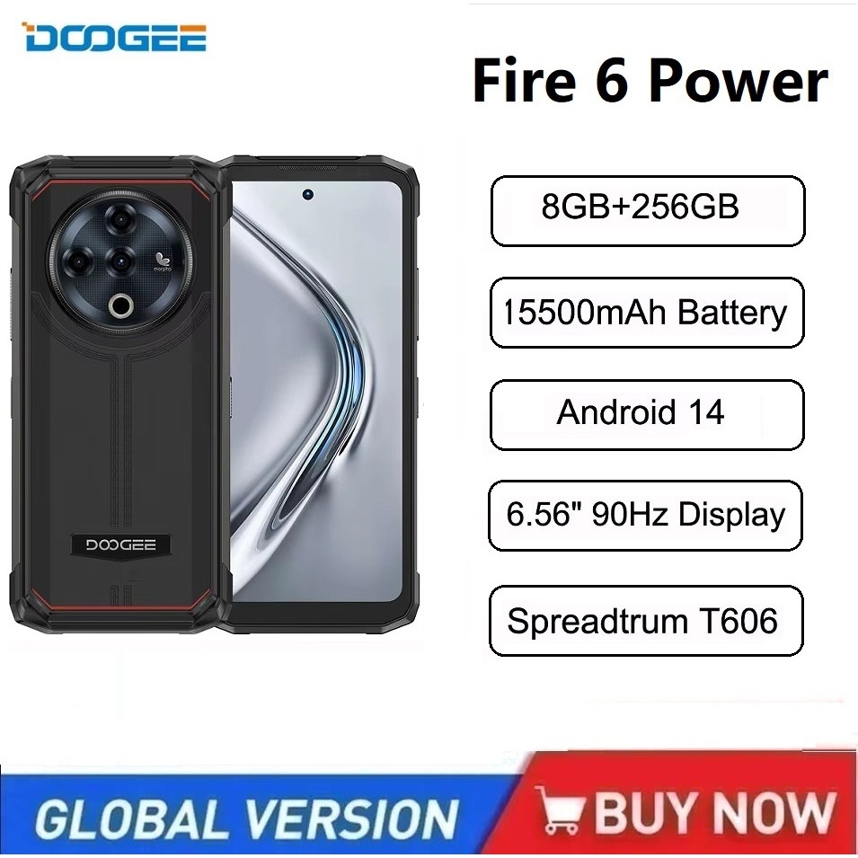 DOOGEE Fire 6 Power Rugged Smartphone Android 14 8GB+256GB 6.56" 90Hz Display 15500mAh 50MP Camera S