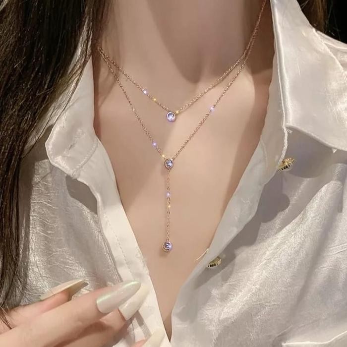 Kalung Wanita Titinaium 2 Layer 3 Permata Gold Rose *
