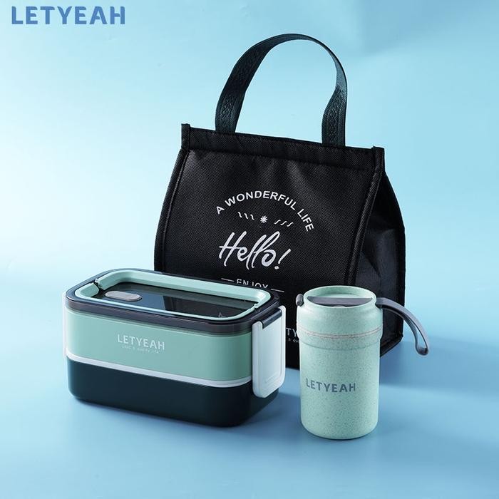 Letyeah Kotak Makan Anti Tumpah Lunch Box 1600Ml Dan Cangkir Sup Tahan