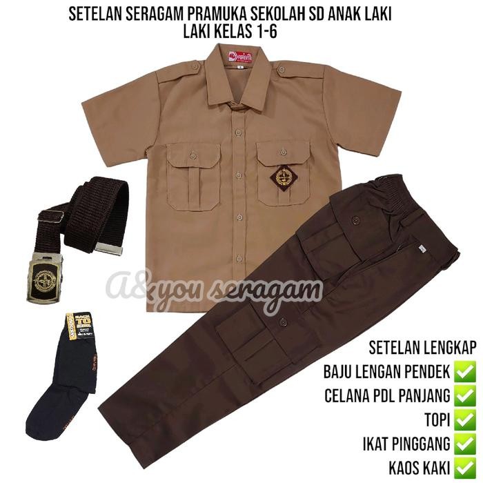 setelan seragam pramuka sekolah SD anak laki laki baju pramuka lengan pendek celana coklat PDL