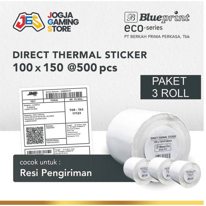 

KERTAS THERMAL STIKER LABEL ONLINE 100x150 BLUEPRINT ECO @500 - 3 Roll