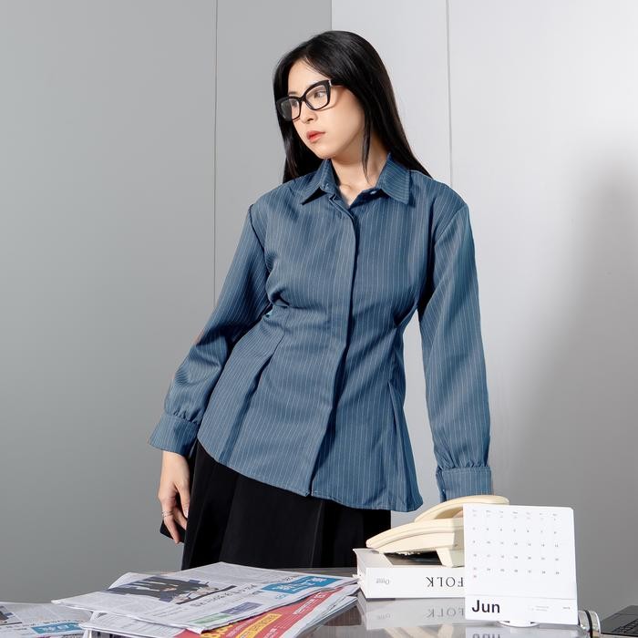 ARBA TOP / Kemeja Fitted Kemeja Kerja Wanita Blus Garis-Garis Lengan Panjang