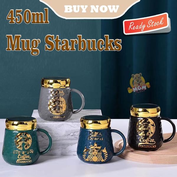 BSKU Gelas Starbucks Keramik Mug Starbucks Gold Dengan Tutup Kaca