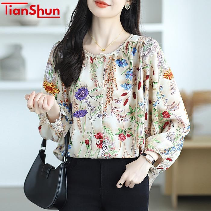 TianShun Blus Cetakan Leher Bulat Wanita Kemeja Lengan Panjang Sifon OL Perjalanan Modis Gaya Korea