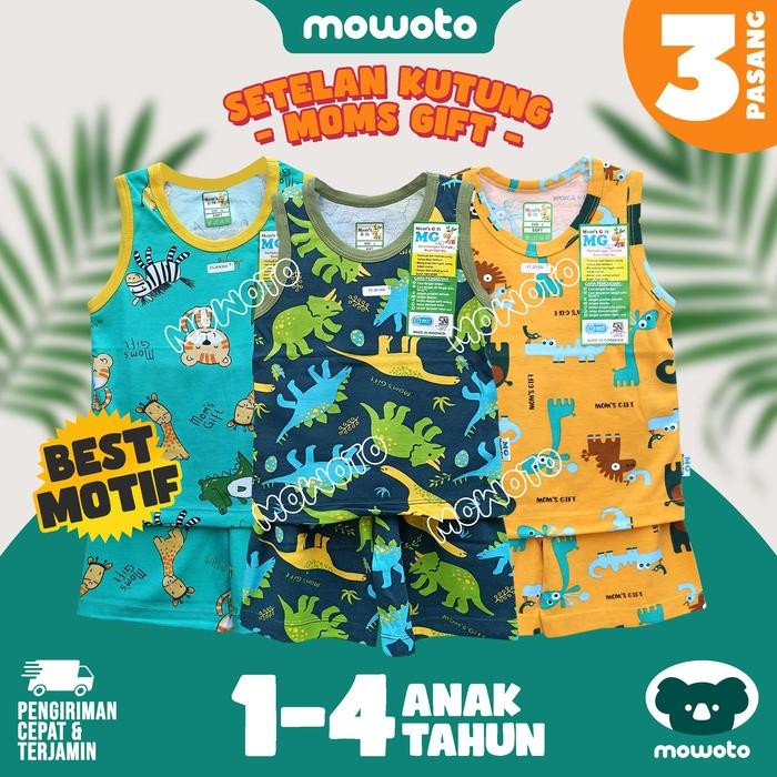 [ 3 Setel ] Setelan Moms Gift Kutung / Setelan Lengan Buntung Singlet Anak Unisex Piyama - Mowoto