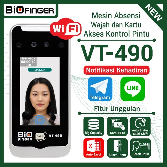 Fingerprint Free Notif Telegram/LINE Absensi Wajah Kartu BioFinger VT-490 USB Flash WiFi LAN Auto