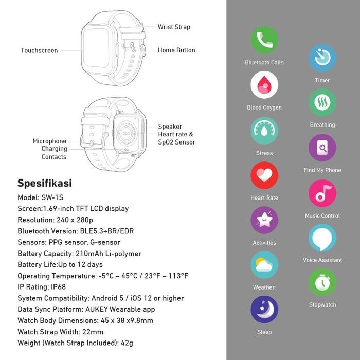 AUKEY SW-1S SW1S SW1 S SMARTWATCH BLUETOOTH CALLS HEALTH MONITOR IP68