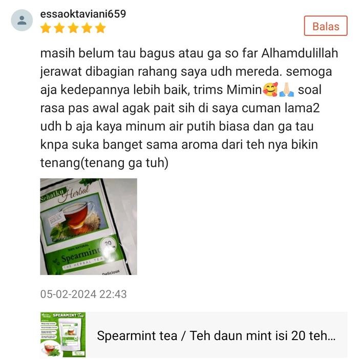 

SPEARMINT LEAF TEA : TEH SPEARMINT ISI 30 KANTONG TEH CELUP ORGANIK BEBAS GULA DAUN SPEARMINT TEA