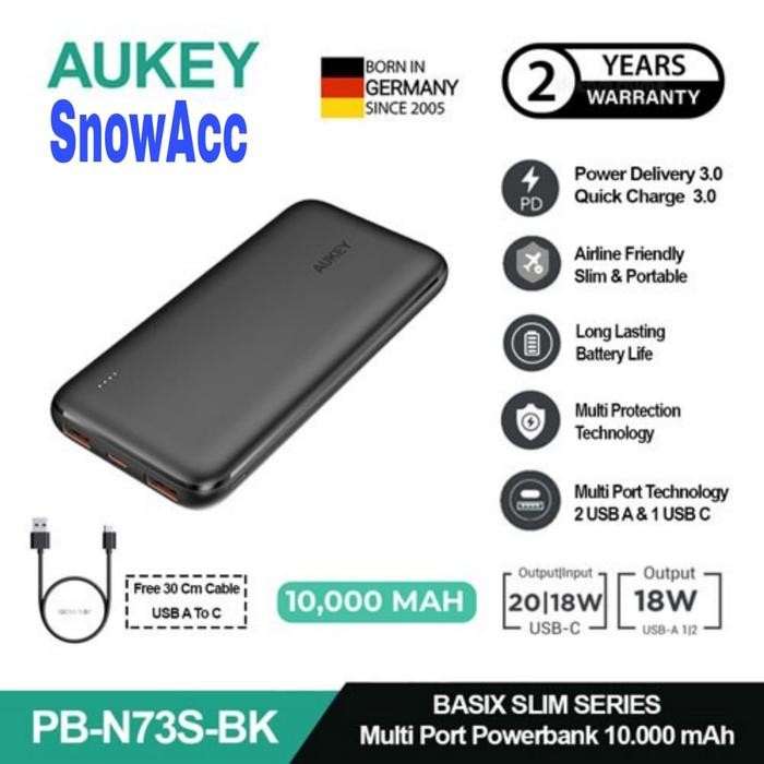 AUKEY Power Bank 10000mah Quick Charging USB C 20W PD 3.0 Slim Portable PowerBank ( PB-N73S-BK )
