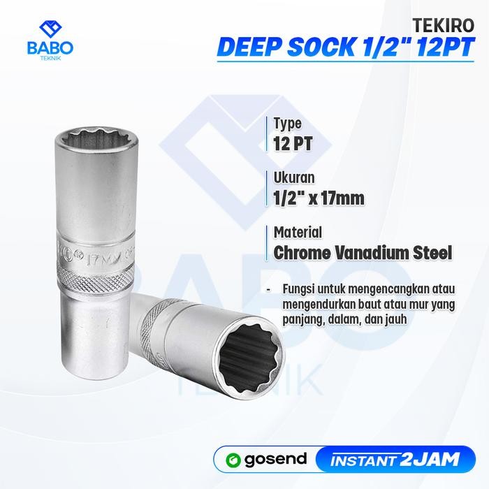 Tekiro Mata Sock Panjang 17 mm 1/2 Inch 12PT Kunci Sok Deep Wall Hand Socket