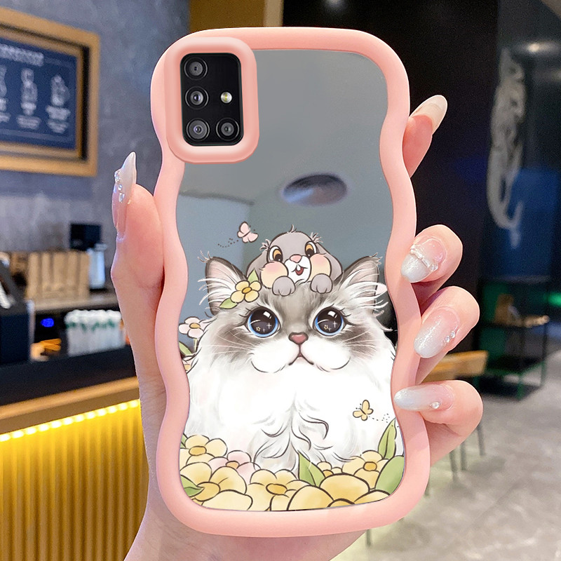 Casing Untuk Samsung A51 M40s Case Cesing Simulasi anak kucing pola Silikon bergelombang edge cermin
