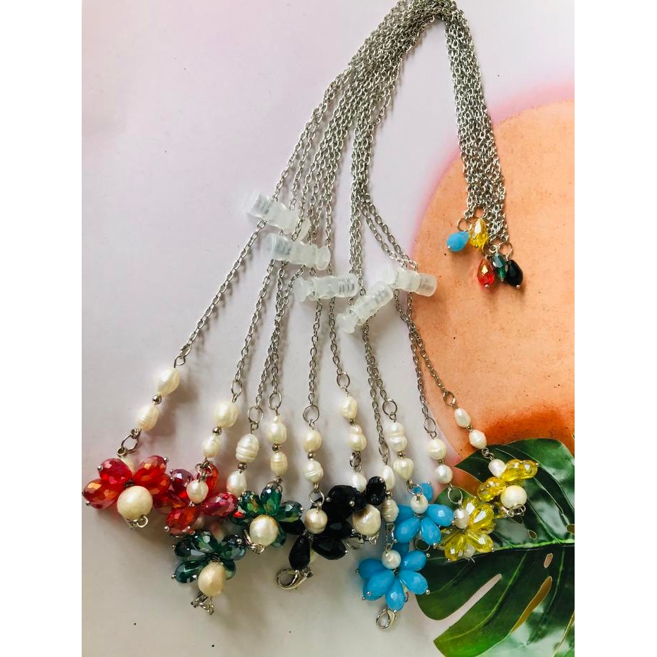 konektor pengait masker hijab 2 in 1 Rantai Mutiara Asli x Kristal