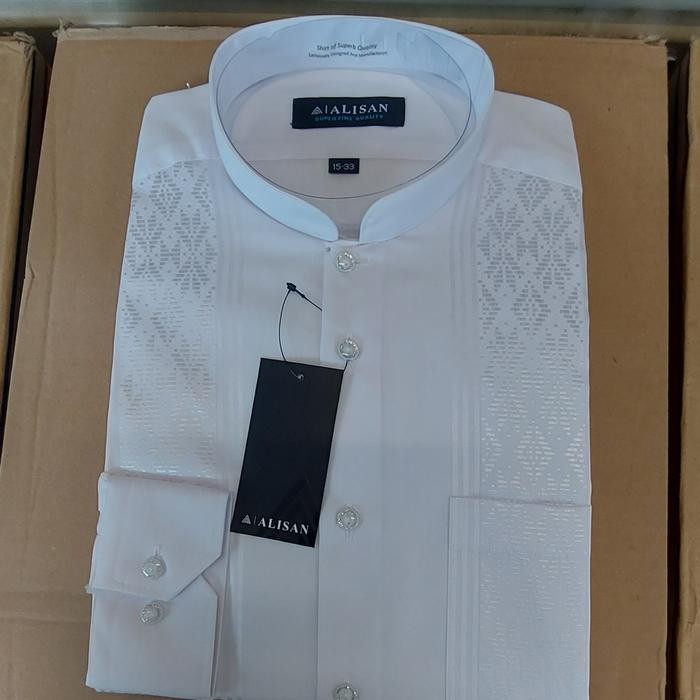Kemeja Alisan Koko Bordir Putih Lengan Panjang