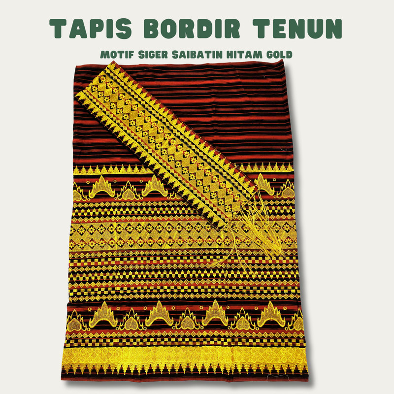 Kain Tapis bordir lampung bahan tenun 3 tingkat - Motif Siger Saibatin Hitam Gold