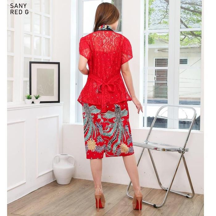 Evercloth Sany Red G Kebaya Batik Dress Wanita Batik Couple Modern Dress Batik Modern Gaun Pesta