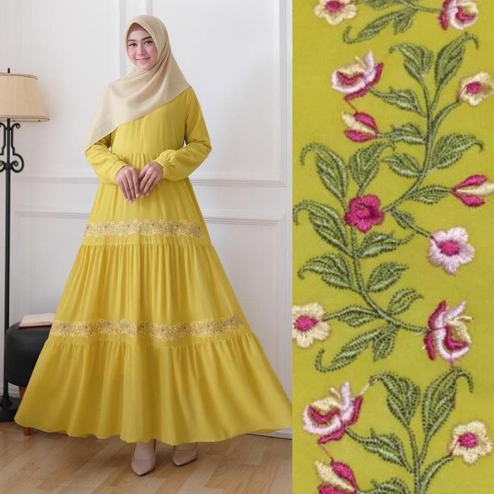 ASLI BAJU GAMIS KUNING LEMON / I GAMIS POLOS / GAMIS CERUTI BORDIR ASLI READY STOCK
