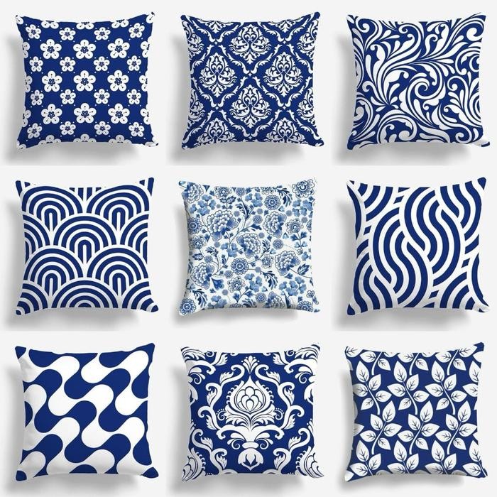 SARUNG BANTAL SOFA PRINT MOTIF BIRU NAVY PUTIH PORCELAIN 40X40 CM