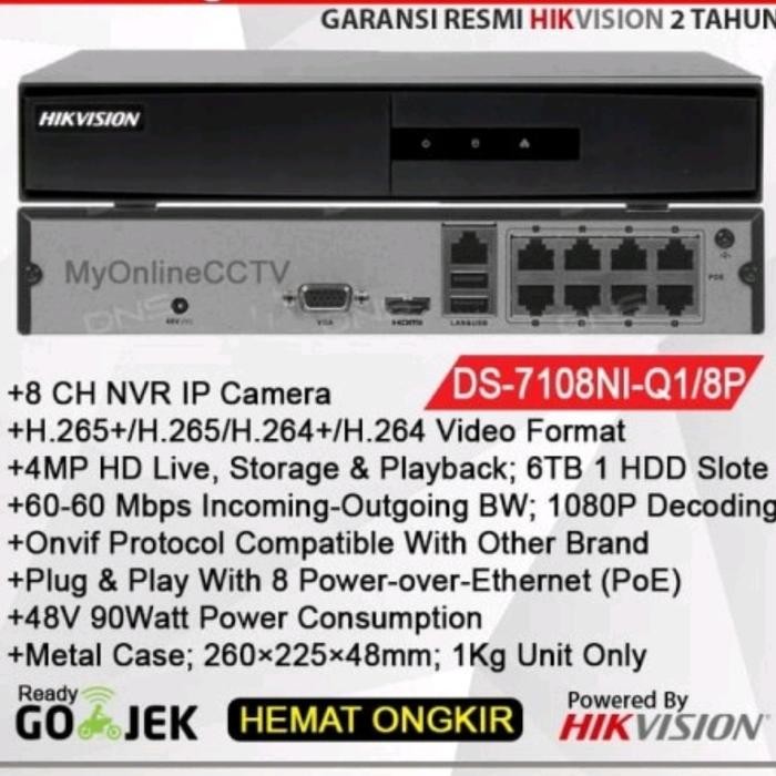 NVR HIKVISION 8 CH POE DS-7108NI-Q1/8P UP TO 6MP NVR POE