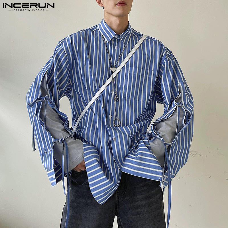 Fashion Casual Style Tops INCERUN New Men's Striped Lace Design Shirts Men's City Walk All-match